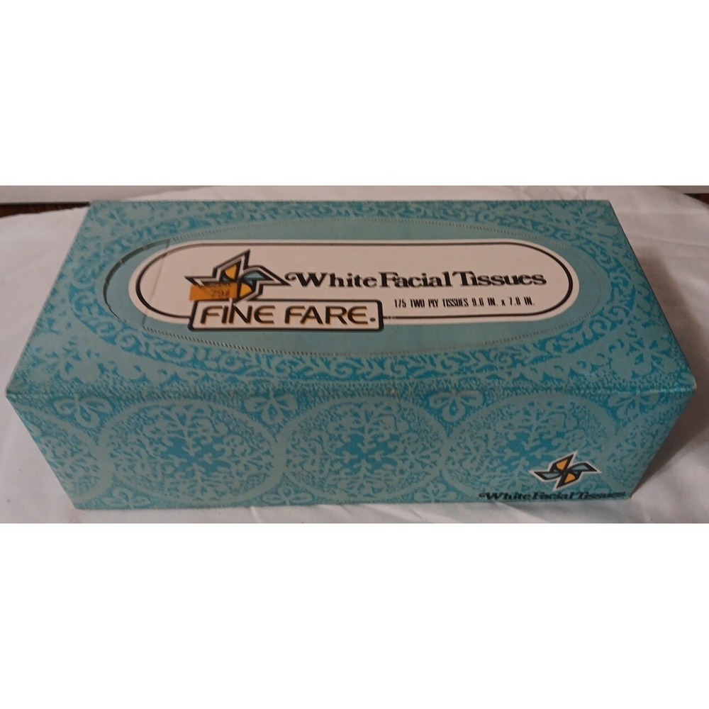 Vtg Fine Fare White Facial Tissues 175 Two Ply Blue‎ Designer Box Nostalgia READ